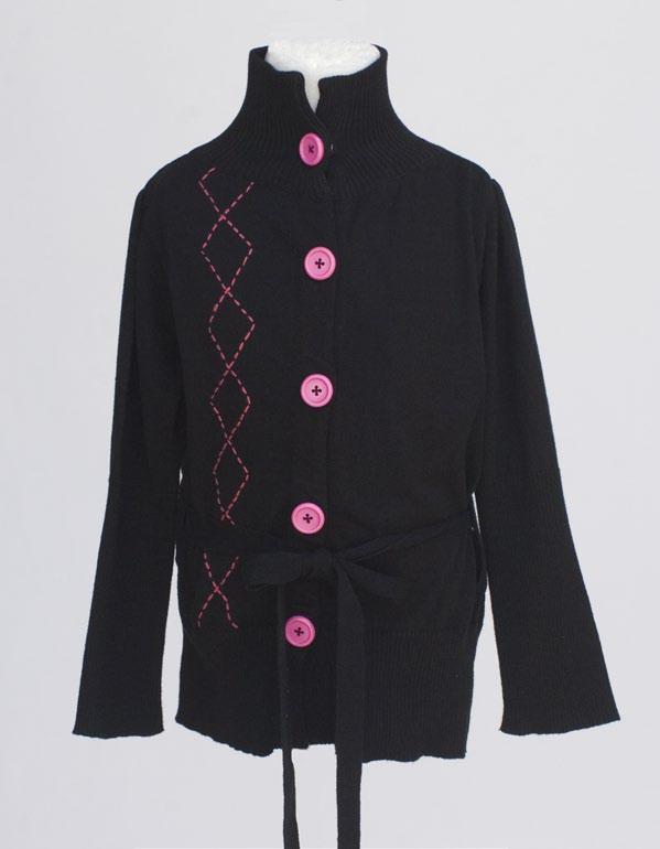 BLACK BELTED SWEATER JACKET WITH HOT PINK SNAP BUTTONS FOR EASE.
