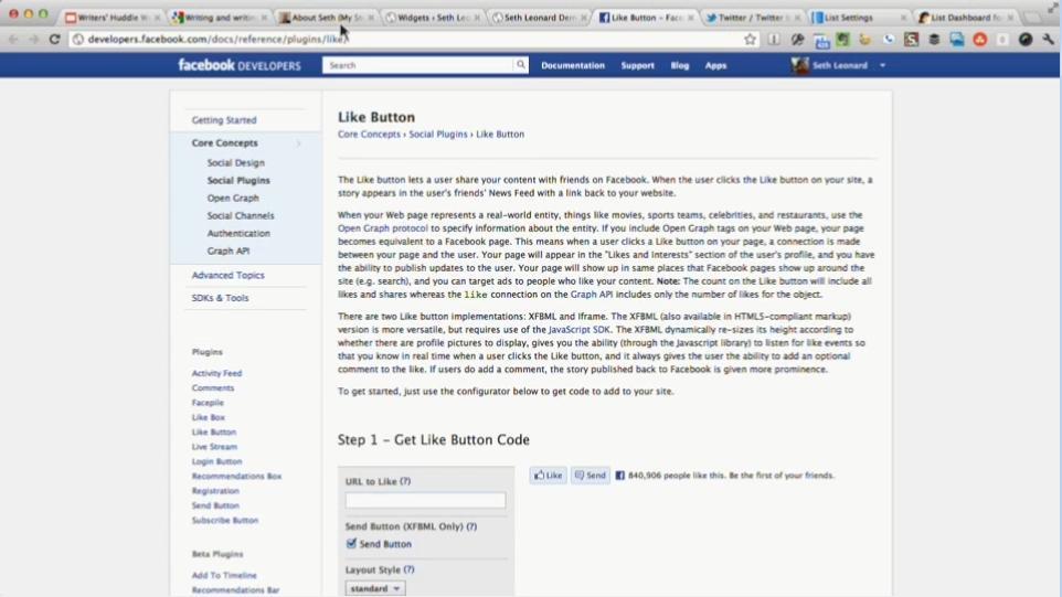 Getting the Facebook Like Button Code The way we re going to do this, and this is a bit of a long URL: developers.facebook.com/docs/reference/plugins/like.