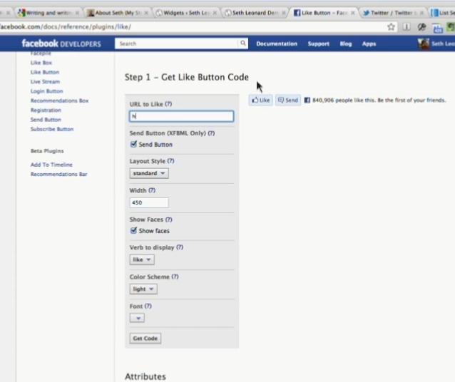 The Facebook button code creator. You can select/deselect/change the different options to change how your button looks.