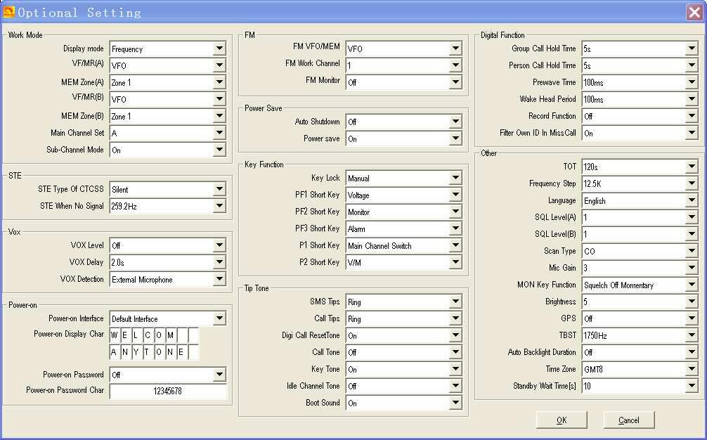 STEP 8 - OPTIONAL SETTING The AT-D868UV radio basic configuration set-up is done in the Optional Setting window. Once the Optional Setting window is open, there are several sub-sections to program.