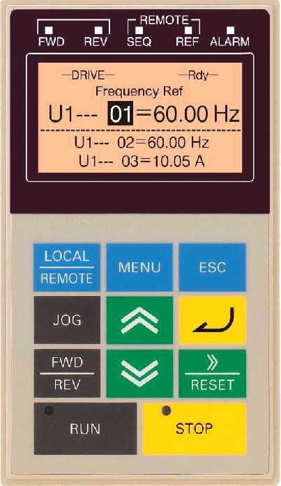 Digital Operator JVOP-160-OY Digital Operator Display The key names and functions of the Digital Operator are described below Drive Status Indicators FWD: Lights up when a forward run command is