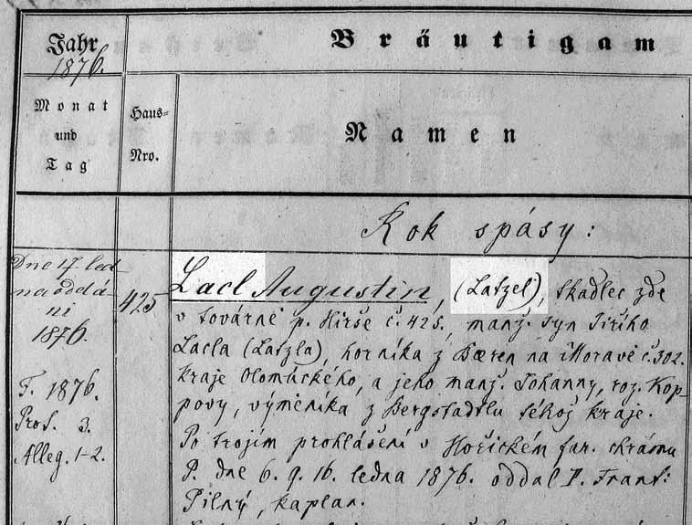 Double spelling (Czech and German) of a family name in the 1876 marriage record for Augustin Lacl/Latzel.