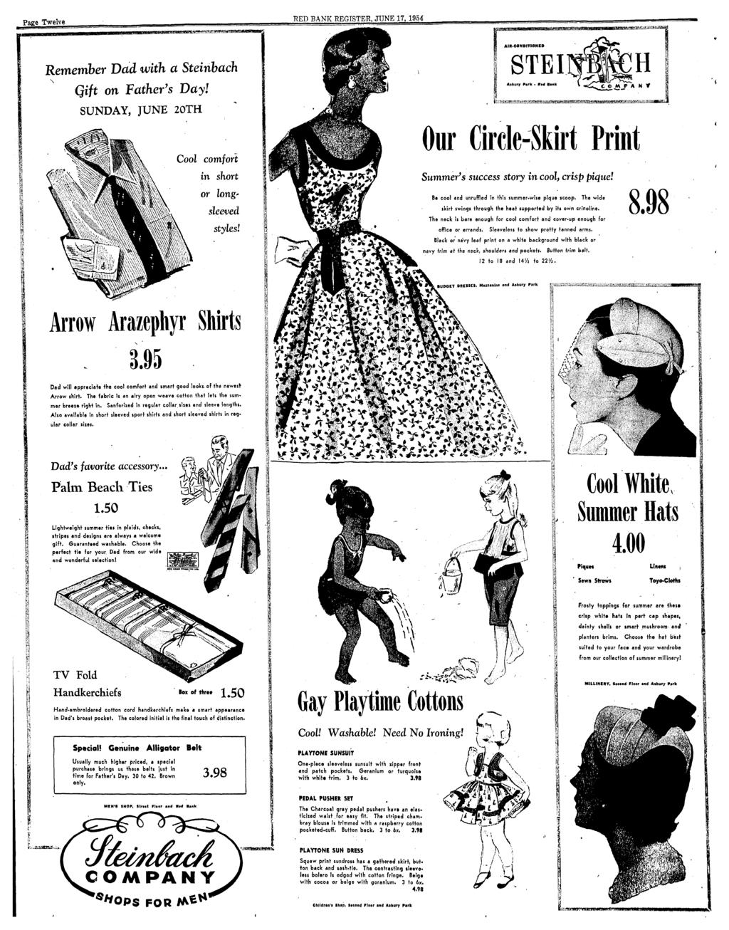RED BANK REGISTER, JUNE 17, 1954 Remember Dctd with ct Steinbach Qift on Father's Day! STEI Albury Park. Rid Bank SUNDAY, JUNE 20TH Cool comfort in short or long' sleeved styles!