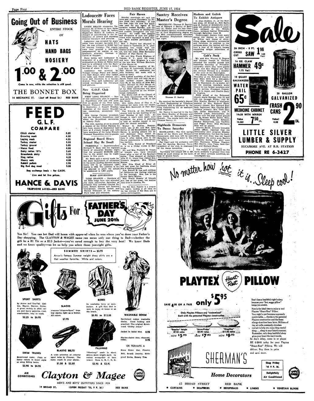 Page Four RED BANK REGISTER, JUNE 17, 1954 Going Out of Business ENTIRE STOCK HATS OF HAND BAGS HOSIERY &2 00 Comt in new, whiu rht selection it stin good. THE BONNET BOX 14 MECHANIC ST.