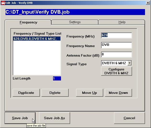 Figure 1: Job Editor - Configure DVBTH Signal Type Click on the Configure DVBTH 6 MHz button.