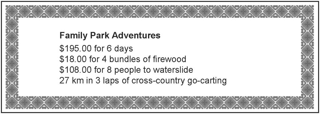 Use this information to answer #17. 17. Which is a correct unit rate for an item listed in Family Park Adventures? A $35.20 per day B $4.50 per bundle of firewood C $18.