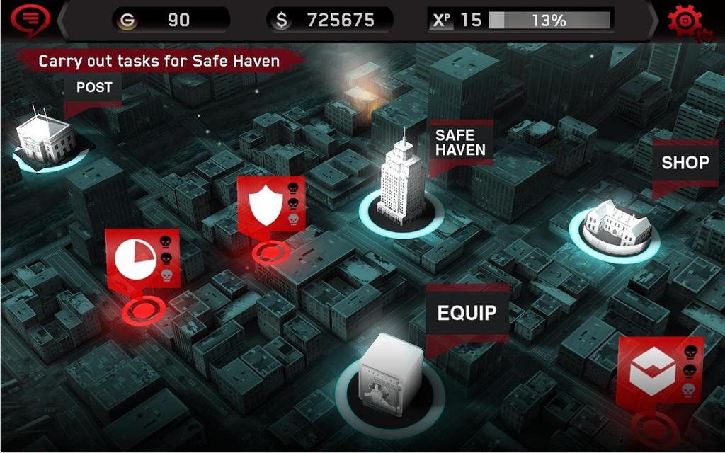 The City Map: The Map gives you an overview of your progress and offers available missions which you can select by tapping them.