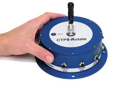 Variant for rotating applications with up to 64 channels The CTP-Rotate telemetry system enables the acquisition, processing and transmission of 4, 8, 16, 32 or 64 parallel measurement signals from