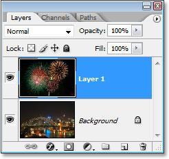 Photoshop s Layers palette showing both images now in the same document, each on its own separate layer. The fireworks photo is on Layer 1.