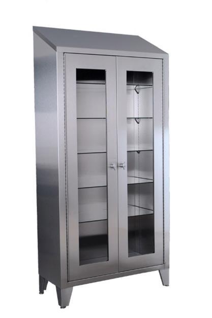 SS7834 SS7000 Series Cabinets Stainless Steel Storage and Supply Cabinet with Five Adjustable Stainless Steel Shelves and Two Glass Hinged Doors Heavy duty, all-welded stainless steel construction