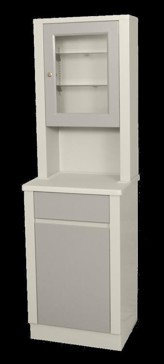 6105 6100 Series Treatment and Supply Cabinets Modular Treatment Cabinet and Overhead Cabinet with One Bottom Drawer and Door Removable, non-adjustable shelf in bottom section Two adjustable glass