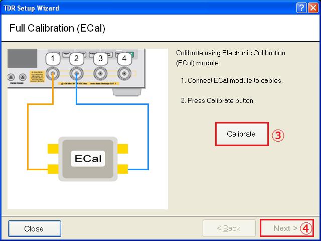 Open Setup tab (item1). 4. Click ECal (item2) to launch the Full Calibration (ECal) and Fixture Compensation wizard. 5.