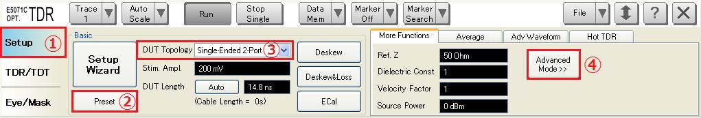 6. Appendix 6.1. Manual Setup for Time Domain Measurement 6.1.1. Starting Setup 1. If TDR setup wizard was appeared, click Close button in the TDR setup wizard. 2. Open Setup tab (item1). 3.