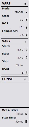 Confirm that the settings are as shown in the picture on the right. 8. Click the Repeat button. 9. Click (select) the VAR1 (VD) Stop voltage. 10.