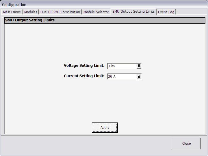Click the Apply button to complete the module selector settings. 8. Click the SMU Output Setting Limits tab. 9.