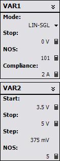 7. Confirm that the settings are as shown in the picture on the left. 8. Change the Meas. Time to 10 us. 9. Click the Repeat button. 10. Click (Select) the VAR1 (VD) Stop voltage.