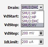 5 V, VgStop = 5.5 V, VgStep = 250 mv, IdLimit = 2 A) 10. Measure again. (Click the Single button.) 11.