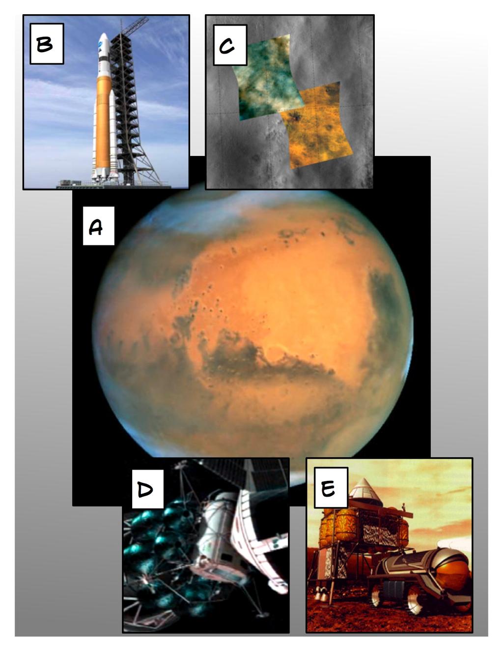 Watch the video and match the pictures with the sentences. [ ] Phase one saw the exploration of suitable sites. [ ] All five mission specialists are on board the rocket.