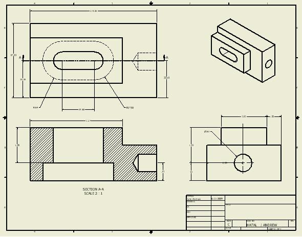 Completed Drawing 17.42 The completed drawing with 3 orthographic dimensioned views and one isometric view is shown above. 17.43 If the above drawing was printed on a C size sheet of paper the text and dimensions would be 1/8 inch high, the industry standard.