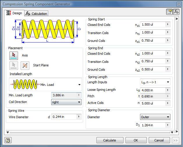 4.2 Compression Spring Component Generator above opens when the Spring icon is selected in the Design Accelerator