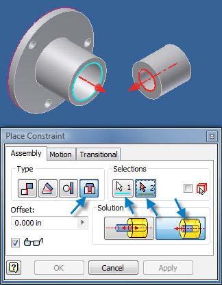 8.10 Select: Place Constraint on the above Assembly Panel > Type > Selections ( Pick two round