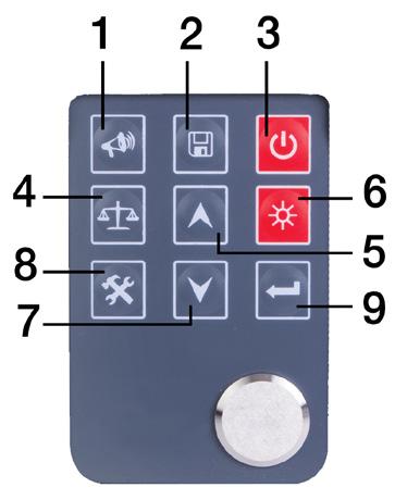Instrument Description 1. Probe Socket 2. RS-232 Socket 3. Probe 4. Test piece Keypad Description 1. Velocity Button 2. Save/Browse Data 3. Power On/Off Button 4. Zero Button 5. Up Button 6.