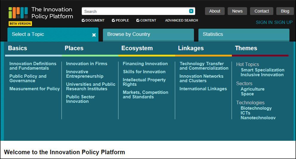 The Innovation Policy Platform experiment Connecting to relevant innovation policy words Accessing country policy information Accessing relevant statistics and graphical tools Demystify IP and set it