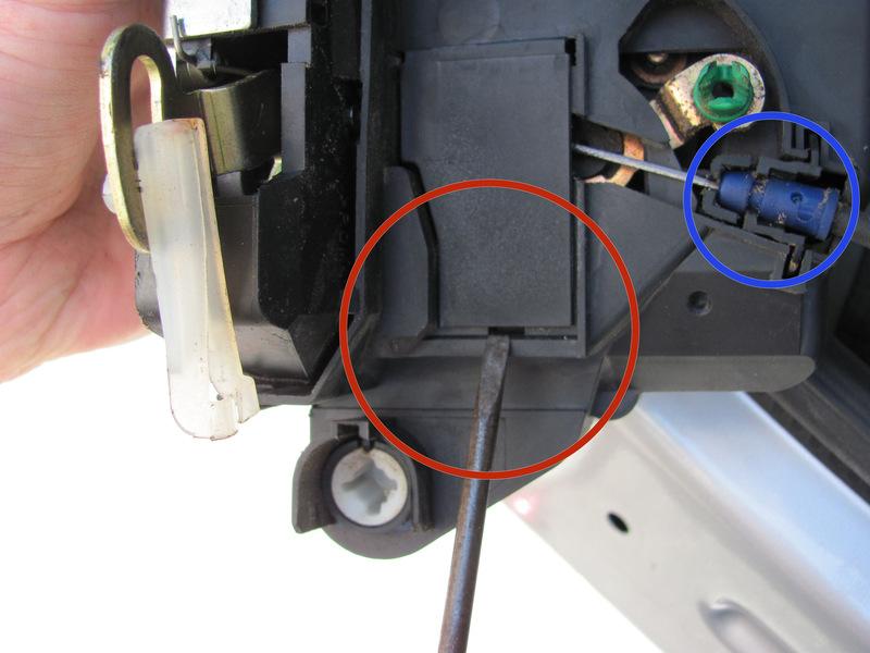 Step 13 Lastly, if you need to detach the inside handle cable from the actuator, you just need to pop the door open on the side