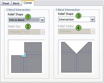 Sheet Metal Rule: Corner Tab The following options are available in the Style and Standard Editor, Sheet Metal Rule, Corner tab: Two Bend Intersection Relief Shape Select a shape that defines the