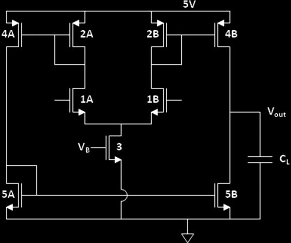 6. [18] The figure below is a current mirror op-amp. Assuming a 0 to 5V supply, V TN =-V TP =1V, and all transistors with the same number are the same size, and that g m r o >>1 for all combinations.