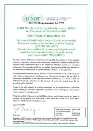 Certificates issued by PCB "UkrSRINDT" are recognized by the signatories to the ICNDT MRA.