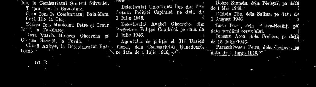 Agentul do politie Unguraanu Mot' dela Inspeetoratul de politic Pite,ti, la Politia Piteati, po data de 15 Julio 1946.