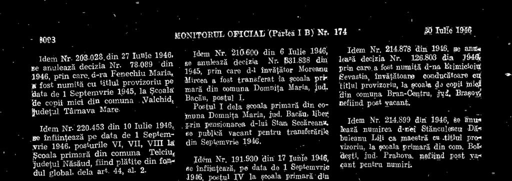 Postal I dela scoala primará din et" Inuna Todiresti, jud. Va1uj, se publielt vacant pentru transferarile din SoP. tenivrie 1946. Idem Nr. 176.