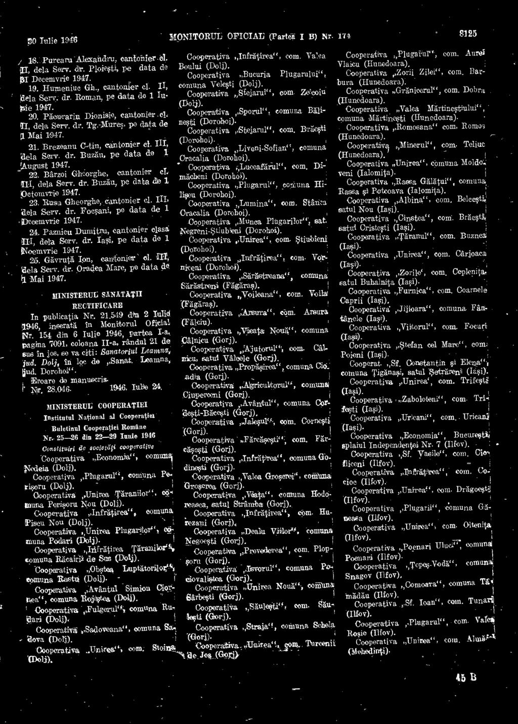 MINISTERUL SANATATII RECTIFICARE In publicatia Nr. 21.549 dit 2 Raid 1946, ir serafa' In Monitoral Oficiai r.