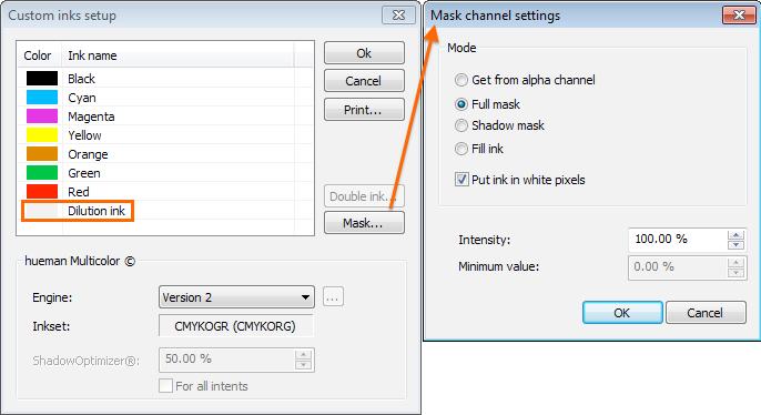 Mask If you have special inks loaded, such as a penetration liquid, dilution ink, mask or white inks, you can set parameters for this in the Mask channel settings window. The Mask.