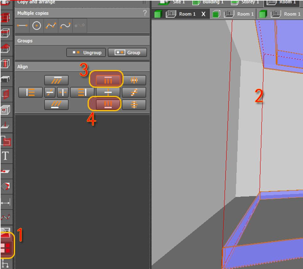 Now align the four edges to the cove 1. Go to copy and arrange tool. 2.
