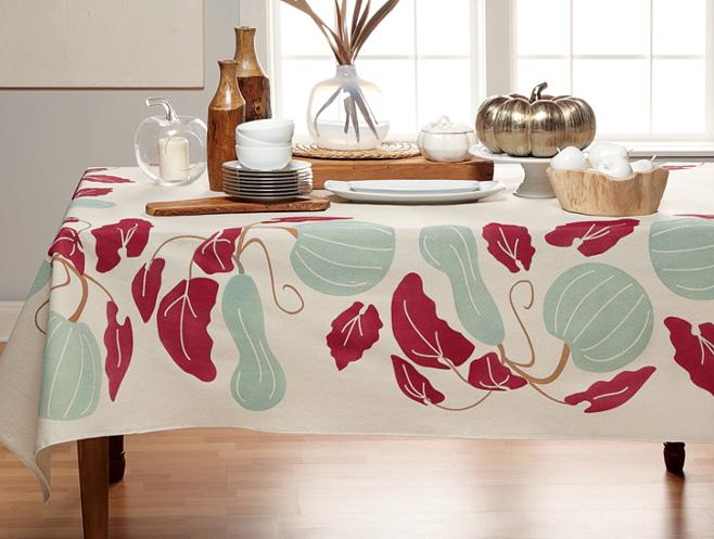 Harvest Tablecloth by Vicki O Dell Hand-painted table linens featuring autumn leaves and gourds will help you set a beautiful, bountiful table for fall gatherings.