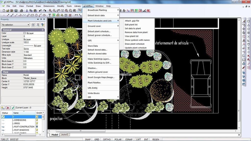 The gcadplus drop down menu This menu provides access to most of the smarts in gcadplus - the tools used to automate many tedious landscape design steps - attaching plant database files, setting