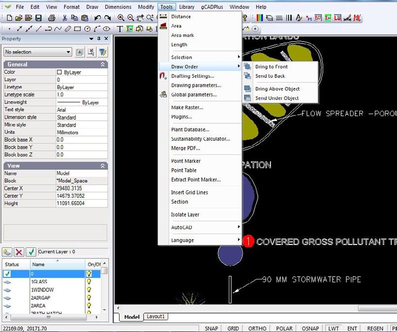 The Tools drop down menu This menu contains a range of different tools targeted at the basics of constructing landscape drawings - marking