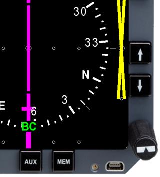 Course pointer: By rotating the Course Select knob (left knob), you can set the course pointer to the desired course to a VOR NAV source.