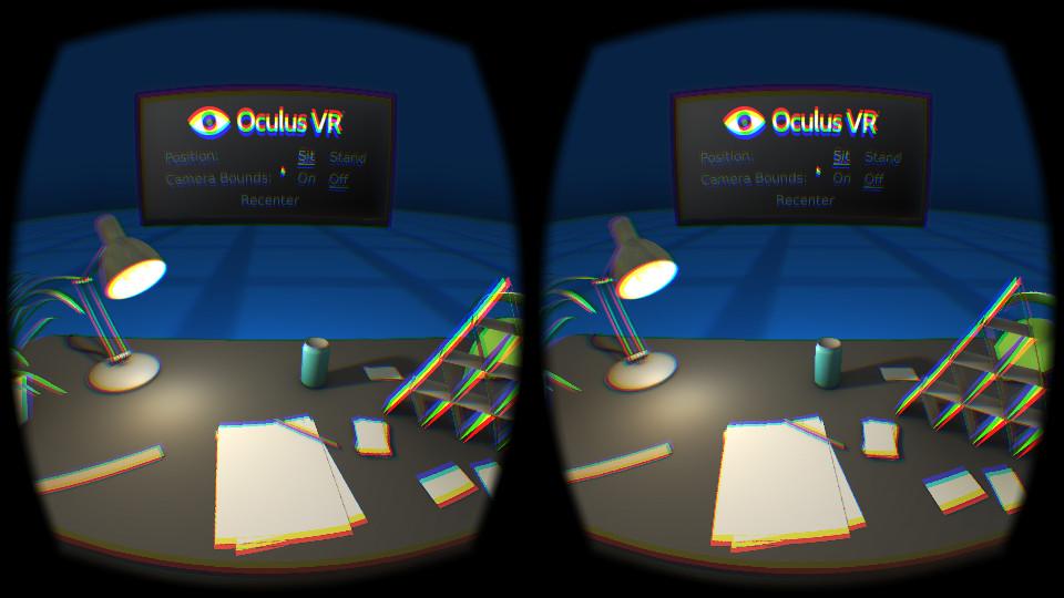 Oculus Rift Testing the Rift using the Demo Scene 15 Testing the Rift using the Demo Scene After you have configured your user profile, you can view a sample VR scene that uses these settings.