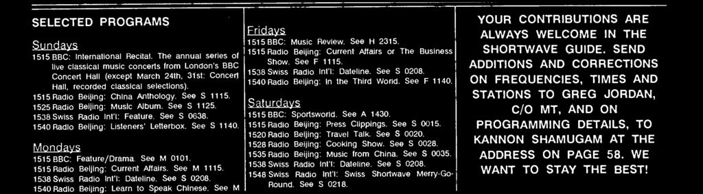 See S 1115. 1525 Radio Beijing: Music Album. See S 1125. 1538 Swiss Radio Int'I: Feature. See S 0638. 1540 Radio Beijing: Listeners' Letterbox. See S 1140. Mondays 1515 BBC: Feature /Drama.