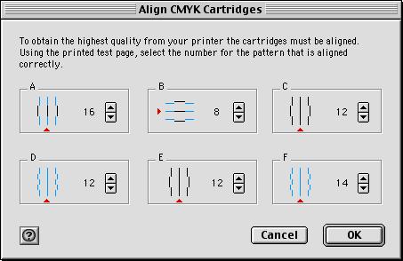 5 In the Align Cartridges dialog box, enter the pattern numbers from the printed test page that come closest