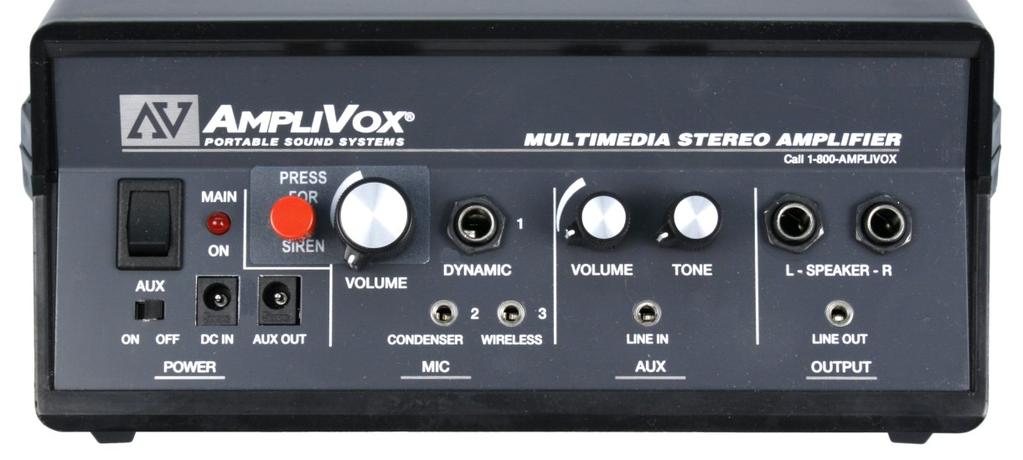 AMPLIFIER FEATURES 3. Siren Button 4. Mic Volumecontrols all 3 mic inputs 5. Dynamic Mic Jack 1/4 for wired, hand-held mic. 6.