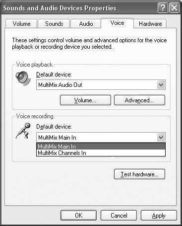 Firewire Recording 5 4. Click the Voice tab. Change the voice playback and voice recording settings to the MultiMix.