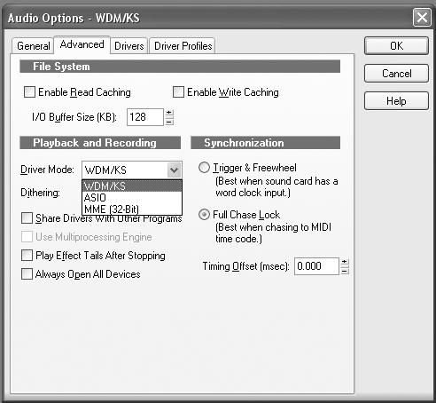 Firewire Recording 5 3. Click the Advanced tab. For WDM operation, be sure that the Driver Mode is set to WDM/KS.