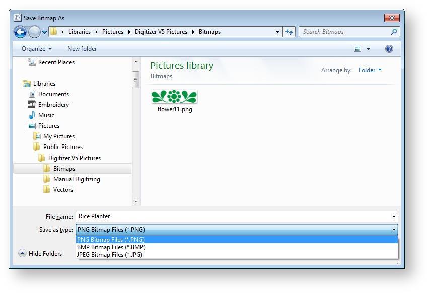 Save artwork Select a folder, then select a file format from the droplist. Enter a new file name and click Save. This file is not referenced by the EMB file.