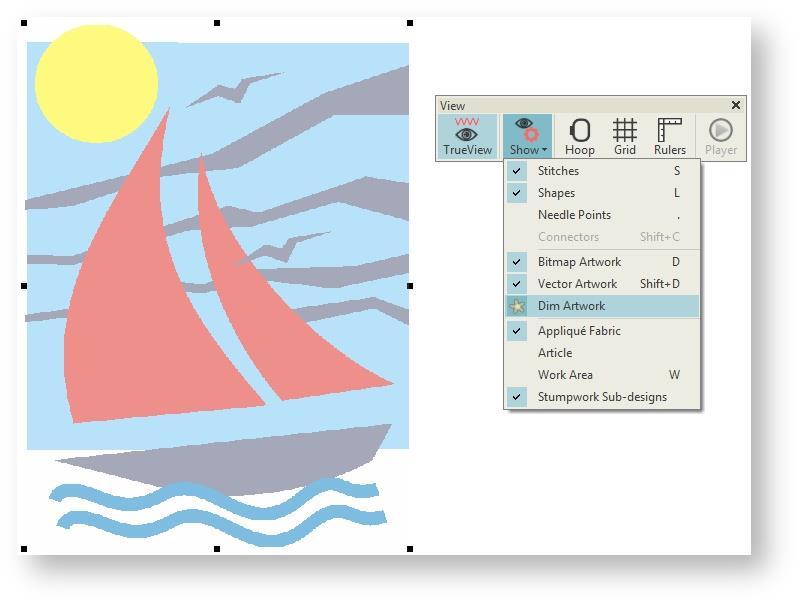 Import images Dim artwork Use Artwork > Dim Artwork to show stitches more clearly when digitizing. To dim a backdrop, click the Dim Artwork toggle.