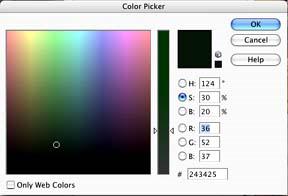 7. Click the Replacement color patch. In the Color Picker palette, choose a nice dark green. Replacement Color Patch Choose a dark green 8. Click the mouse on the red part of each eye.