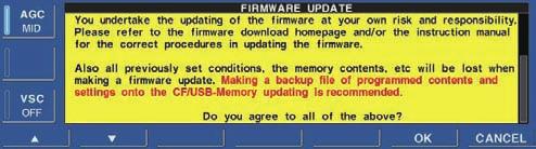 t Push [F-7 CF/USB] to select CF/USB-Memory set menu. y Push and hold [F-3 FIRM UP] for 1 sec. u Read the displayed precautions carefully.